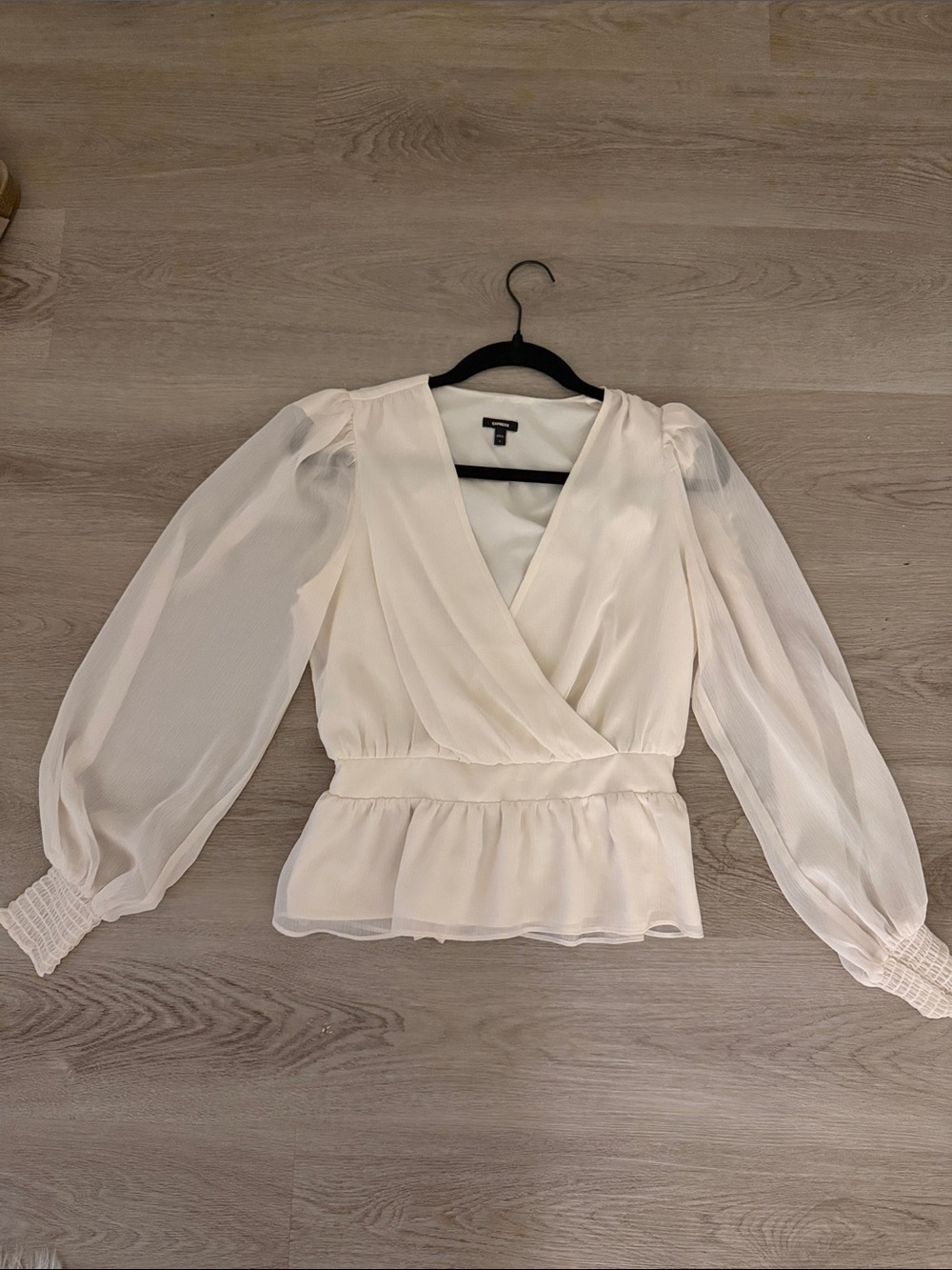 Express Women's Cream Sheer Bishop Sleeve Surplice Blouse